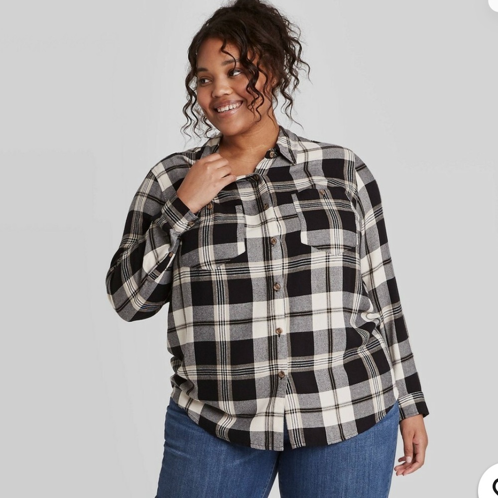 Ava & Viv Black and White Plaid Flannel Button Down Shirt Size 2X Relaxed Fit